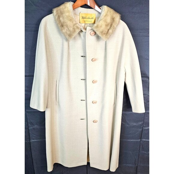 Vintage 1950s-60s MillerBresce By Fenway Beige Cashmere A-Line Coat With Fur Col - Picture 1 of 15